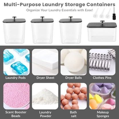 4 Pack Laundry Pods Container & Dryer Sheet Holder - Clear Plastic Laundry Room Organization Storage Containers with Black Lids, Scoops & Labels for Detergent Pods, Powder, Scent Boosters, Beads