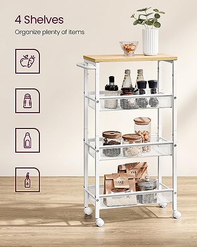 VASAGLE 4-Tier Slim Rolling Storage cart with Wheels, 8.7 Inches, Metal - color: Oak Beige + Classic White, size: 4 Tiers (8.7"D x 30.3"H)