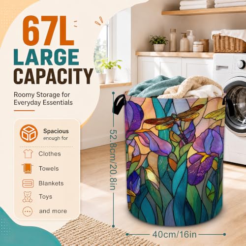 Tulip Dragonfly Glass Laundry Basket,Foldable Oxford Laundry Hamper with Handles,Portable Clothes Tote Bag Clothes Storage Bucket Organizer 20.8" x16" For Bathroom/Laundry Storage/Bedroom - color: Tulip Dragonfly Glass