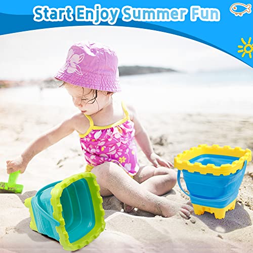 7 PCS Castle Foldable Beach Sand Buckets Toy Set with Shovels Scoop Sifter for Kids, 3L Silicone Collapsible Bucket Pails for Toddler, Summer Toy, Sandbox Kit Camping Gear Beach Essential Gift