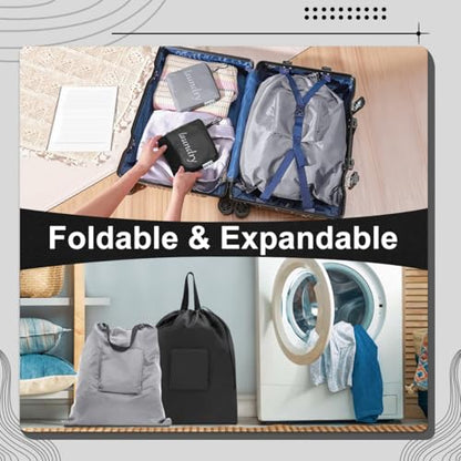 Travel Laundry bags, Dirty Clothes Travel Bag with Handles, Portable Small laundry Sack for Travelling, Suitcase, Gym, Camping (Black&Grey) - color: Black&Grey
