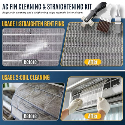 3 Piece Air Conditioner Condenser Fin Comb Kit, Fin Straightening Tool, Coil Cleaner Stainless Steel Comb and Evaporator Radiator Cleaning Whisk Brush for Condenser or Evaporator Units