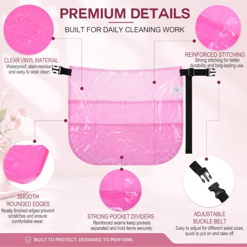 Clear Cleaning Apron with 5 Pockets and Adjustable Belt, Waterproof Caddy Aprons for Gardening Work of House Hotel - color: Pink