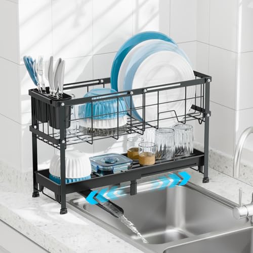 GSlife Narrow 2 Tier Dish Drying Rack - Expandable for Small Kitchens & RVs - color: Black, size: Narrow 7" Width