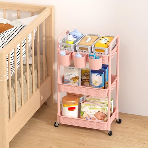 MOYIPIN 3-Tier Plastic Rolling Utility Cart with Handle,Pink - color: Pink, size: 3-Tiers with cups