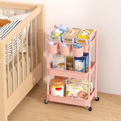 MOYIPIN 3-Tier Plastic Rolling Utility Cart with Handle,Pink - color: Pink, size: 3-Tiers with cups
