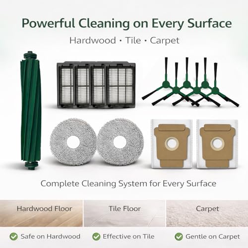 16 PCS Replacement Parts Kit Compatible with iRobot Roomba Plus 405 Combo, 505 Combo, 507 Combo, 1 Main Brush, 2 Vacuum Bags, 2 Mop Pads, 4 Filters, 6 Side Brushes, 1 Cleaning Brush - size: 16PCS SETS