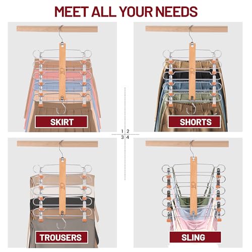 2 Pack Skirt Hangers with Clips, Space Saving Beechwood 5 Tier Pants Hangers with 360° Swivel Hook, Closet Organizer for Skirts, Pants, Tank Top-College Dorm Room Essentials (Wood Color)