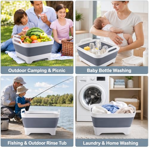 Collapsible Dish Basin with Drain Plug, Foldable Wash Basin 2.4 Gal (9L) - color: Gray
