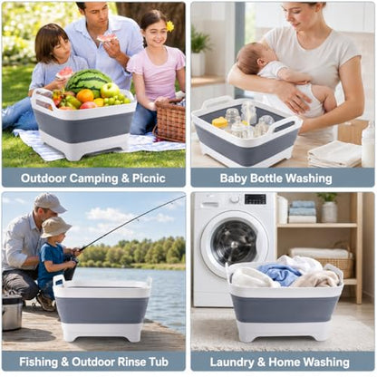 Collapsible Dish Basin with Drain Plug, Foldable Wash Basin 2.4 Gal (9L) - color: Gray