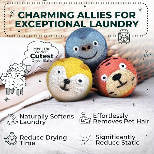 Chemical Free & Baby Safe! Reusable Wool Dryer Balls XL 6-Pack - Reduces Static, Cuts Dry Time, & Softens Naturally - color: Gorilla & Friends