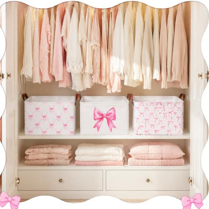 3 Pcs Pink Bow Storage Baskets for Gifts Empty Large, Coquette Room Decor, Toys Books Laundry Basket for Girls, Collapsible Canvas Fabric Pink Storage Bins With Handle for Bedroom Bathroom Nursery