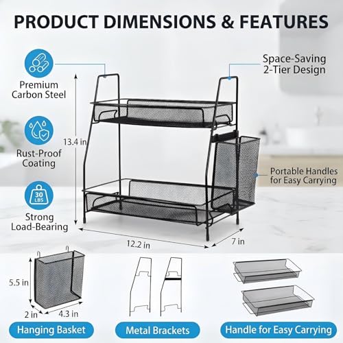 LEMIKKLE 2-Tier Bathroom Countertop Organizer,Skincare, Makeup Countertop Organizers, Kitchen, Bathroom Counter Storage with Small Basket (Black) - color: Black (Size: 7" x 12" x 13", 2-Tier)