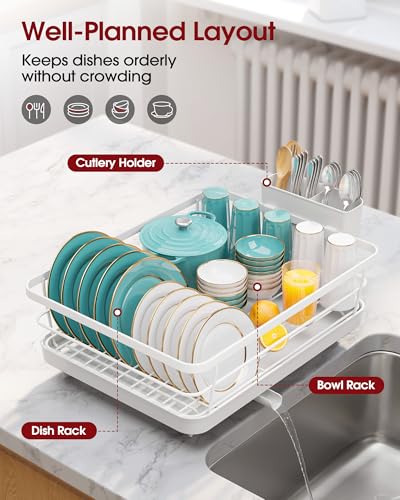 Sakugi Dish Drying Rack - Stainless Steel Dish Rack with Drainboard for Kitchen Counter and Sink, 15.6" D x 12" W x 5" H, White - color: White, size: 15.6"D x 12"W x 5"H