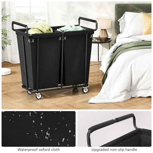 Gewudraw Heavy Duty Laundry Hamper with Wheels 2 Section, 360L, Black - color: Black, size: 2-Section-360L