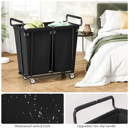 Gewudraw Heavy Duty Laundry Hamper with Wheels 2 Section, 360L, Black - color: Black, size: 2-Section-360L