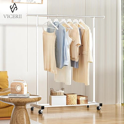 VICERII Clothing Rack, 55.51 Inch Heavy Duty Clothes Rack Rolling Garment Rack with Wheels and Bottom Shelf, 130LB Capacity Clothes Racks for Hanging Clothes, Coats, Shirts, Sweaters, Skirts, White - color: White, size: Single