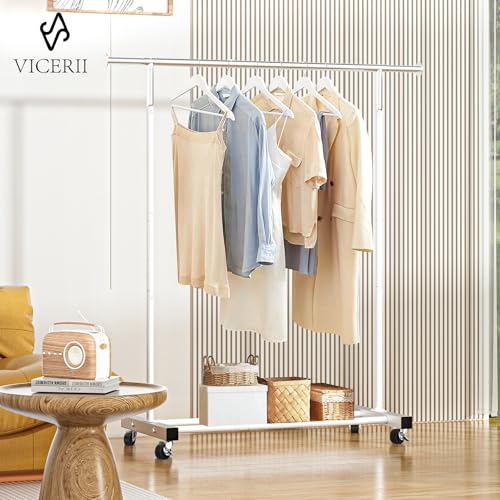VICERII Clothing Rack, 55.51 Inch Heavy Duty Clothes Rack Rolling Garment Rack with Wheels and Bottom Shelf, 130LB Capacity Clothes Racks for Hanging Clothes, Coats, Shirts, Sweaters, Skirts, White - color: White, size: Single