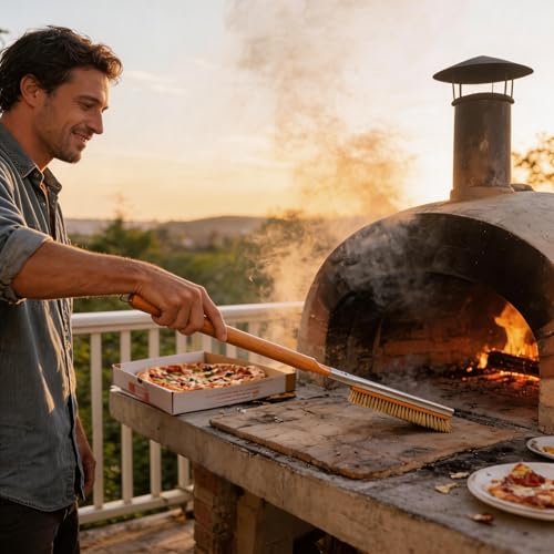 26” Pizza Oven Brush with Stone Scraper - Gentle Copper Bristles Safe for Stones, Extra Long Handle - Compatible with Ooni, Gozney, Solo Stove, Blackstone Ovens