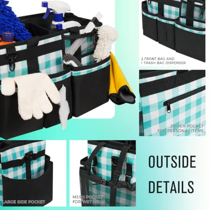 SCAVATA Wearable Cleaning Caddy, Cleaning Caddy Supplies Organizer with Handle & Shoulder Straps for Housekeepers, Under Sink & Car Cleaning Tool Organizers Bag with 4 Foldable Divider (BluePlaid) - color: BluePlaid