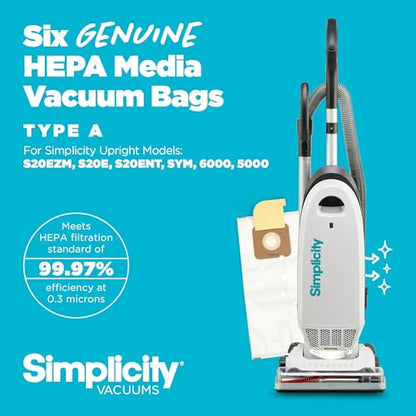 Simplicity Vacuums SAH-6 Certified Hepa Vacuum Replacement Bags, Fits with S20EZM Allergy Upright Vacuum Cleaner, Symmetry and 6 Series, Type A Bags, 18-pack Set - size: Pack of 18