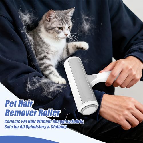 Roller Pet Hair Remover – Reusable Lint Roller for Dog & Cat Hair on Furniture, Couch, Carpet, Rugs, Bedding & Car – Portable, Eco-Friendly (White Gray)