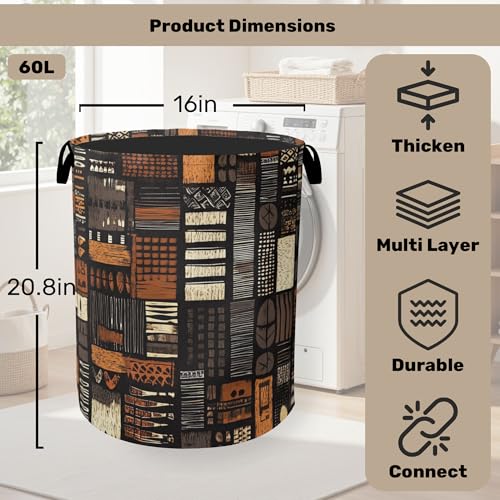 African Style Brown Orange Laundry Basket - Heavy Duty 60L Dirty Clothes Organizer, Water Resistant Foldable Hamper for Men Women - color: African Style Brown Orange