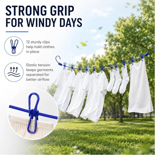 Portable Clothesline with 12 Clips, Stretch Travel Drying Rope with Stainless Steel Hooks for Camping Indoor Use.(Blue) - color: Blue
