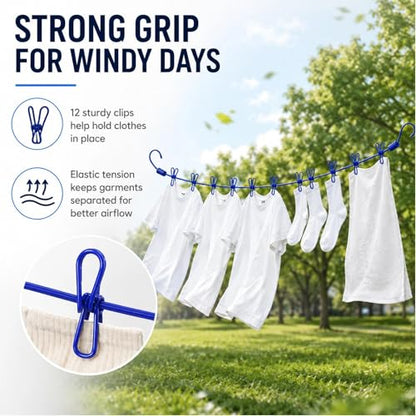 Portable Clothesline with 12 Clips, Stretch Travel Drying Rope with Stainless Steel Hooks for Camping Indoor Use.(Blue) - color: Blue