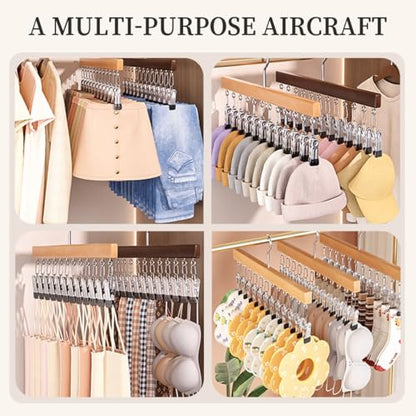2 Pack Wooden Pants Hangers with 12 Clips, Space Saving Hanging Closet Organizer, Multi-Purpose Hanger for Leggings, Socks, Underwear, Bras, Towels, Closet Storage Solution (Natural) - color: Natural