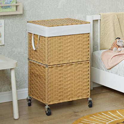 Chrislley Wicker Laundry Basket with Wheels,Rolling Laundry Hamper with Lid - color: Yellow