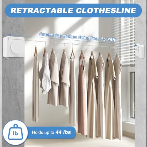 15.7Ft Retractable Clothesline Indoor,Non-Sagging Outdoor Clothesline Retracting,Heavy Duty Retractable Clothes Drying Laundry Line,Wall Mounted Stainless Steel Line with 12 Clips(Color:White) - color: White