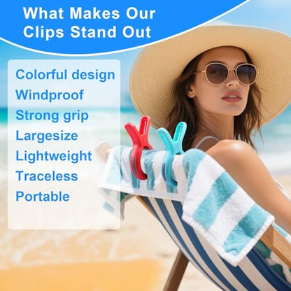Large Beach Towel Clips for Beach Chair, Heavy-Duty Plastic Clothes Pins, Towel Clips for Beach Chairs Cruise-Keep Your Towel from Blowing Away, Vacation Beach Must Have Beach Chair Clips - color: 4 Colors