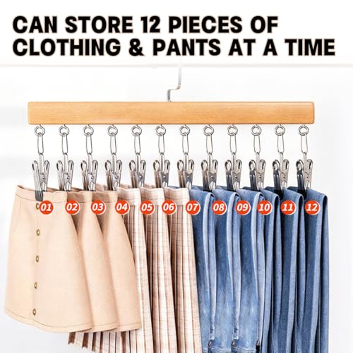 2 Pack Wooden Pants Hangers with 12 Clips, Space Saving Hanging Closet Organizer, Multi-Purpose Hanger for Leggings, Socks, Underwear, Bras, Towels, Closet Storage Solution (Natural) - color: Natural