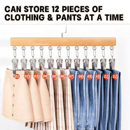 2 Pack Wooden Pants Hangers with 12 Clips, Space Saving Hanging Closet Organizer, Multi-Purpose Hanger for Leggings, Socks, Underwear, Bras, Towels, Closet Storage Solution (Natural) - color: Natural