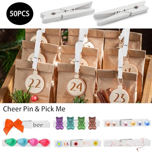 50Pcs White Wooden Clothespins, 2.9 inch Clothes Pins for Crafts, Natural Laundry Hanging Clips, DIY Cheer Pin - color: 50pcs- White