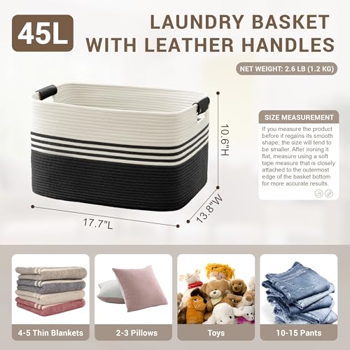 45L Small Woven Laundry Basket Hamper with Leather Handles,Black - color: Black, size: 45L