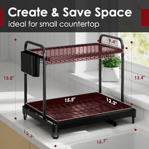 Sakugi Dish Drying Rack 2-Tier 16.7" x12.7" x15.8" Black Double Rod - color: Black, size: X-Large