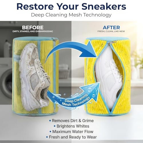 Shoe Washing Machine Bag (2 Pack) – 360° Thick Protection, Highly Durable Mesh Sneaker Washer w/Zipper Lock & Side Pockets – Deep Cleaning Sneaker Laundry Bag for Spotless Shoes - color: Yellow 2pcs