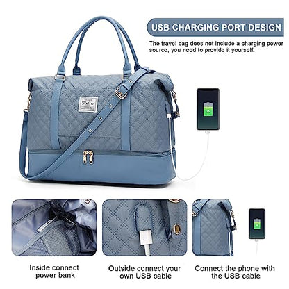 Large Travel Duffle Bag Carry on Weekend Bag with Shoes Compartment Gym Bags for Travel Women Men Waterproof Business Work Overnight Trips Sport Hospital Airplane Travel Essentials GreyBlue - color: A21-GreyBlue