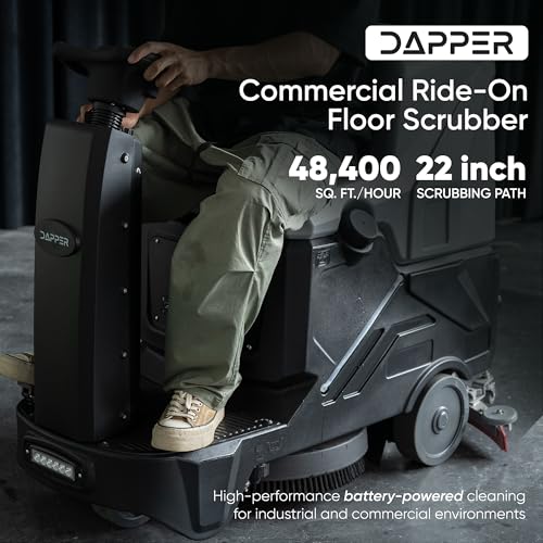 Battery Powered Ride-On Commercial Floor Scrubber Machine, 22" Brush, 31.5" Squeegee Width, 19 gal Solution Tank, 20 gal Recovery Tank, 5 hr Use 7 hr Charge, 200 RPM, 48,400 Sqft/H, Batteries Included - size: 22"
