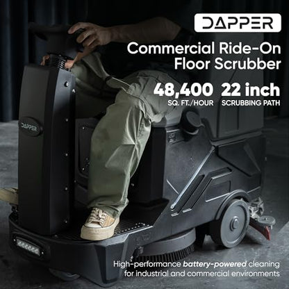 Battery Powered Ride-On Commercial Floor Scrubber Machine, 22" Brush, 31.5" Squeegee Width, 19 gal Solution Tank, 20 gal Recovery Tank, 5 hr Use 7 hr Charge, 200 RPM, 48,400 Sqft/H, Batteries Included - size: 22"
