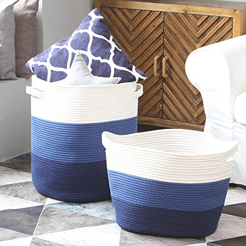 Sea Team Large Woven Cotton Rope Laundry Basket with Lid, 20 x 16 in - color: White & Navy Blue
