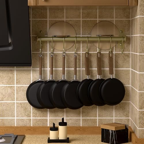 Dseap Kitchen Utensil Holder Hanger, Pot and Pan Rack Wall Mounted, Kitchen Rail with 8 Hooks for Hanging Cooking Utensils, Mugs, Spoons, Wall Mounted, Champagne Color - color: Champagne Color