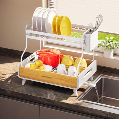 Urackify 2-Tier Stainless Steel&Bamboo Dish Rack for Kitchen Counter,White - color: White, size: 2 Tier