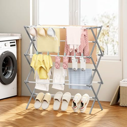 KINGBOARD 3-Tier Extendable Clothes Drying Rack, Foldable, White & Grey - color: White&grey