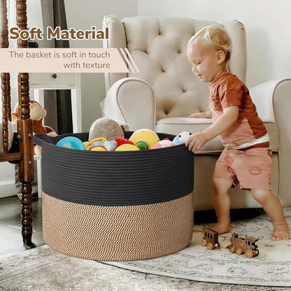 INDRESSME 115L Extra Large Woven Rope Blanket Basket Living Room, Mix Black - color: Black & Mix Camel, size: 23.6"D x 15.7"H