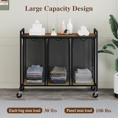 Laundry Sorter with Wheels, 3 Section, Rustic Brown Black - size: 3 Bags-120L / Rustic Brown + Black / w Wheels