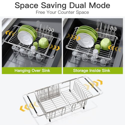 JASIWAY Stainless Steel Dish Drying Rack in Sink with Metal Utensil Holder - color: Silver, size: For 12"-30"w Sink, with Metal Utensil Holder