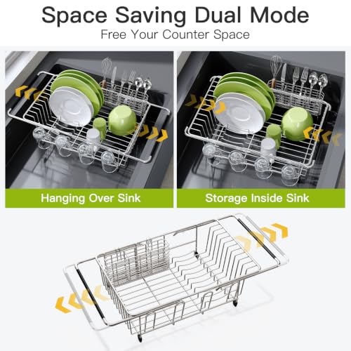 JASIWAY Stainless Steel Dish Drying Rack in Sink with Metal Utensil Holder - color: Silver, size: For 12"-30"w Sink, with Metal Utensil Holder